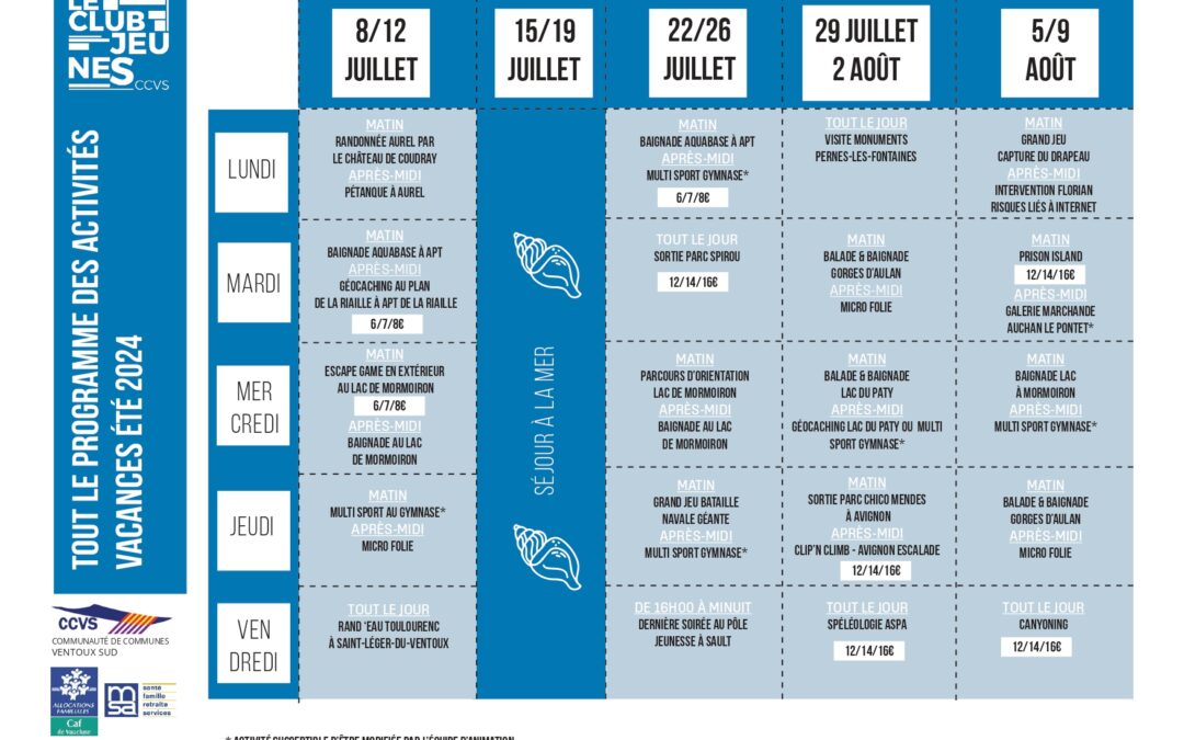 PROGRAMME ACTIVITE CLUB JEUNES ETE 2024